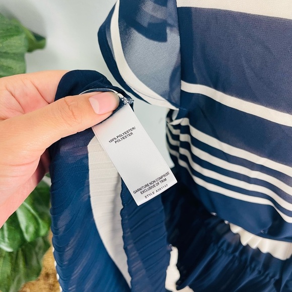 Chic By Jacob Navy Blue Tan Pleated Sheer Stripe Dress - Picture 5 of 7